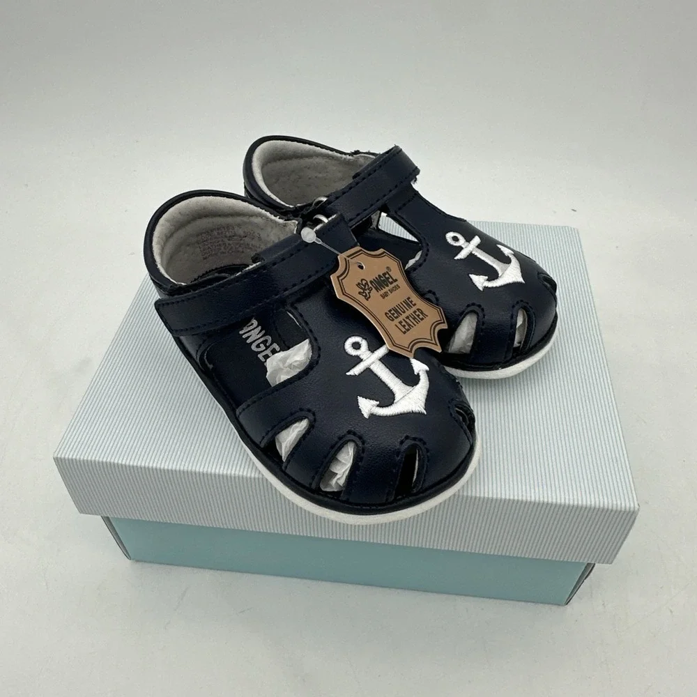 Angel Baby Sawyer Nautical Caged Leather Blue Sandal (Baby) As 3 NIB